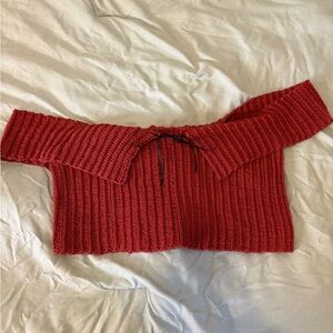 Off-Shoulder Ribbed Knit Crochet Crop in Red